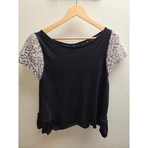 Leifsdottir Black Wool Cashmere Angora Leopard Print Sleeve Ruffle Top Large